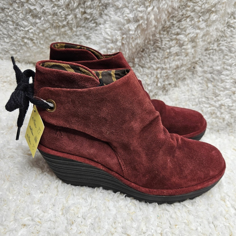 Fly London Yebi Burgundy Suede Leather Ankle Boots sz 39 NWT